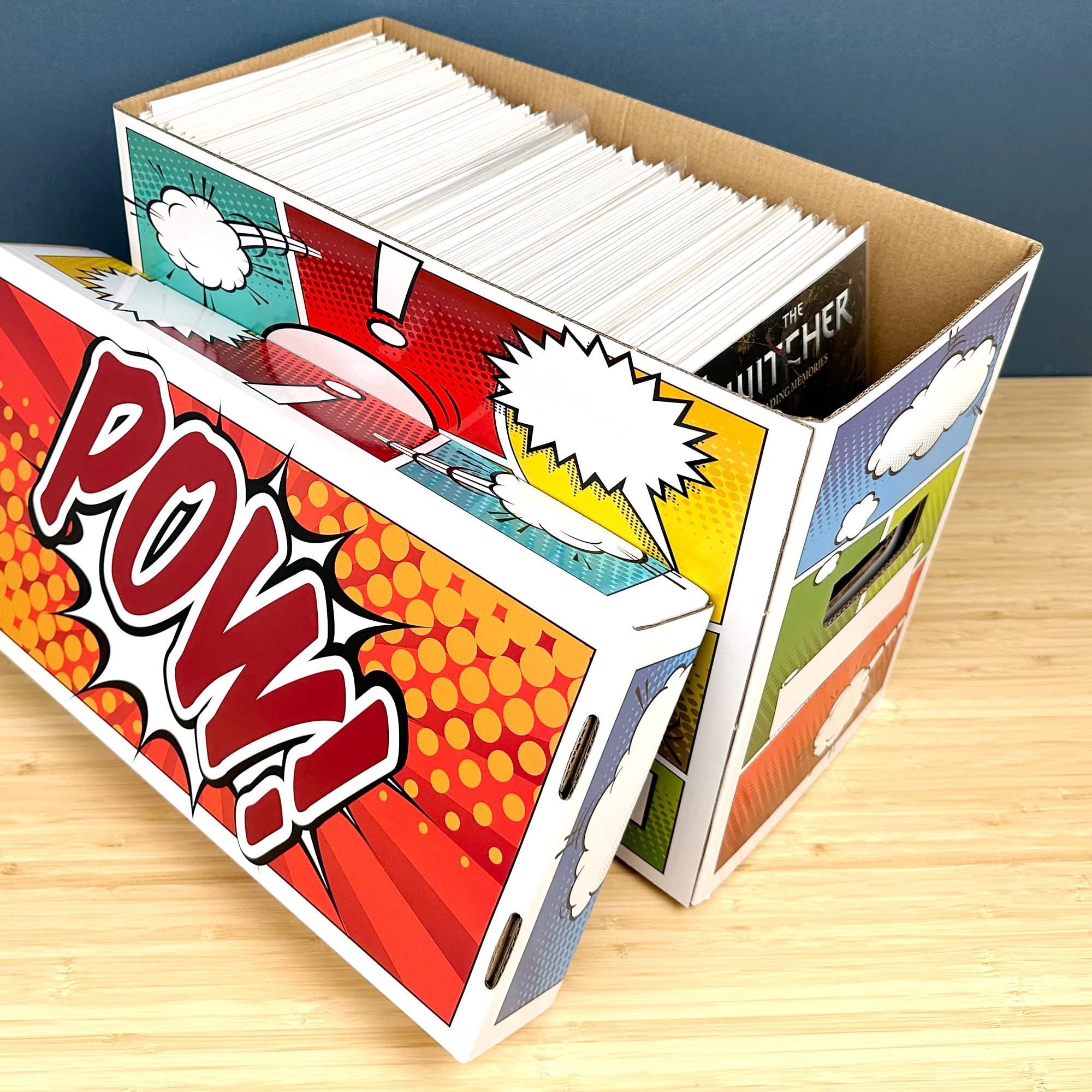 Pop-art short boxes filled with comics